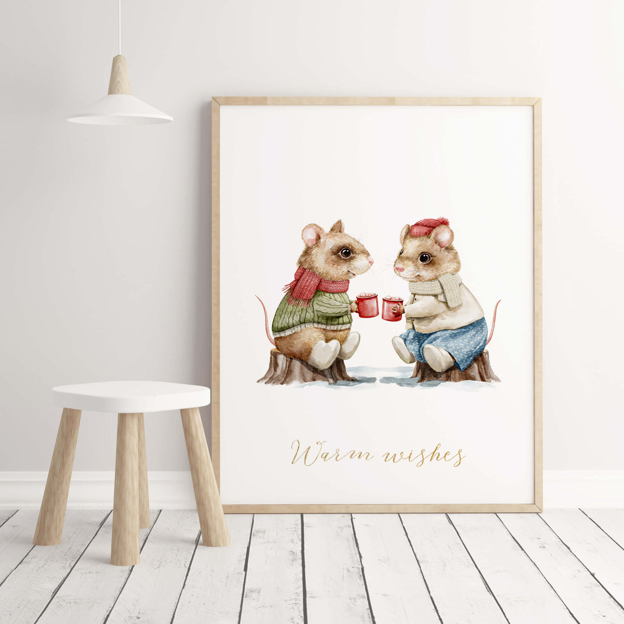 Watercolor christmas nursery print with rats and warm whishes quote for christmas nursery decor.
