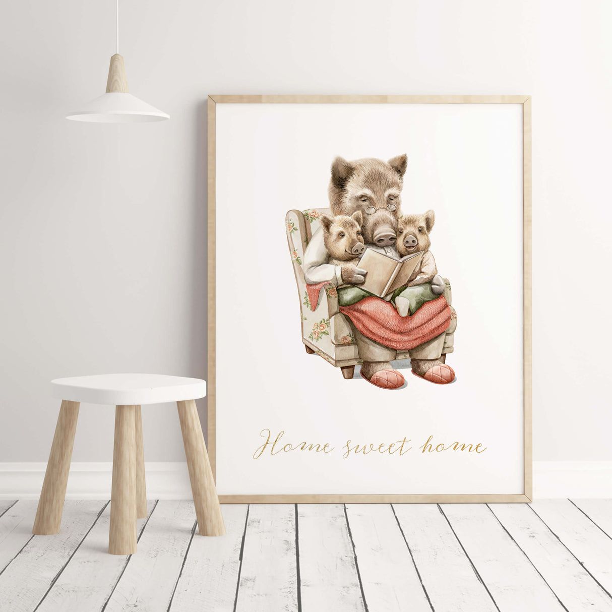 Watercolor christmas nursery print with wild boar and Home sweet home quote for christmas nursery decor.