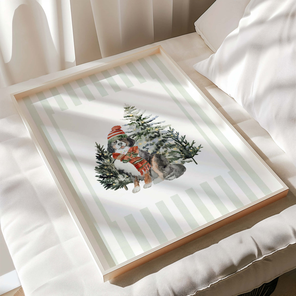 Printable Christmas tree wall art in sage green stripe background and dog.