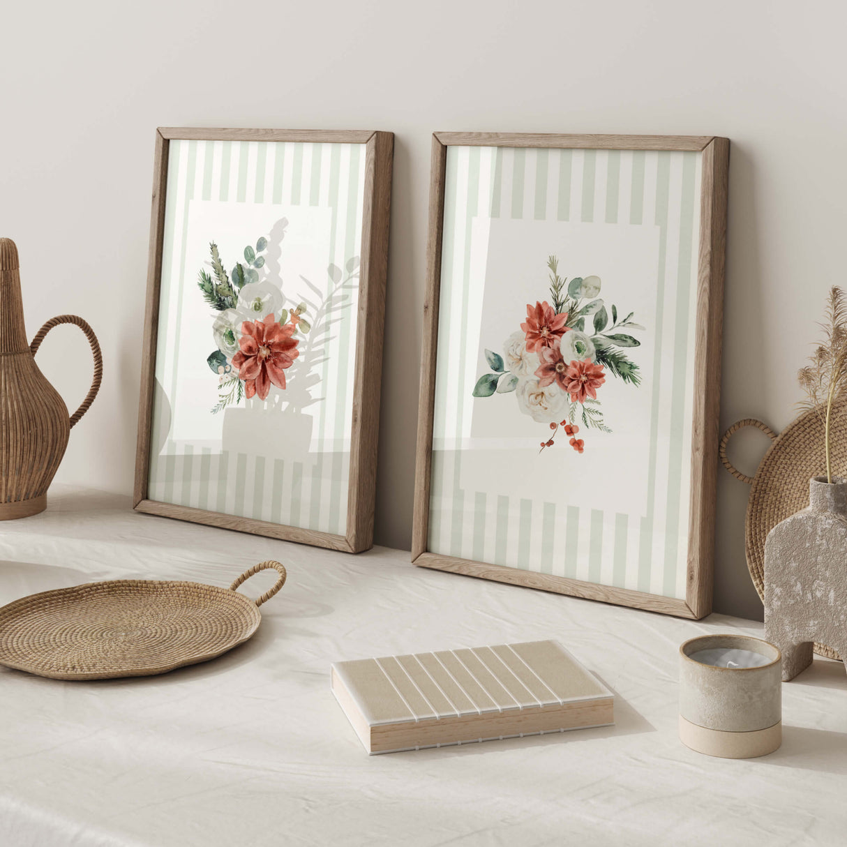 Sage striped floral wall art printable for Scandinavian or farmhouse decor.