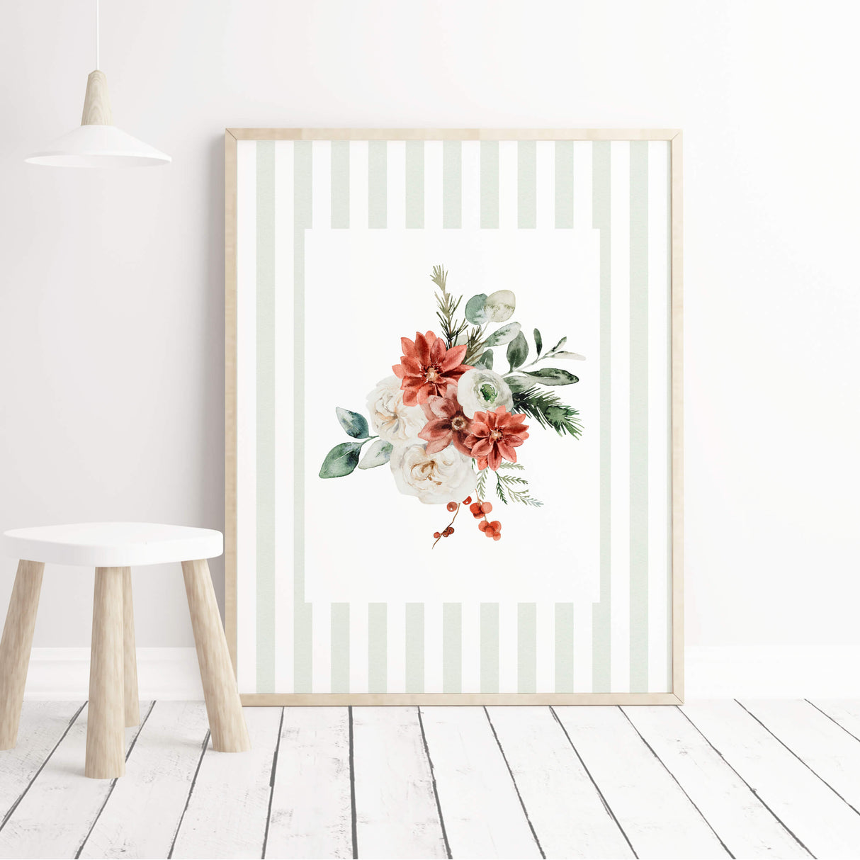 Sage green watercolor floral print set for Christmas and everyday decor.
