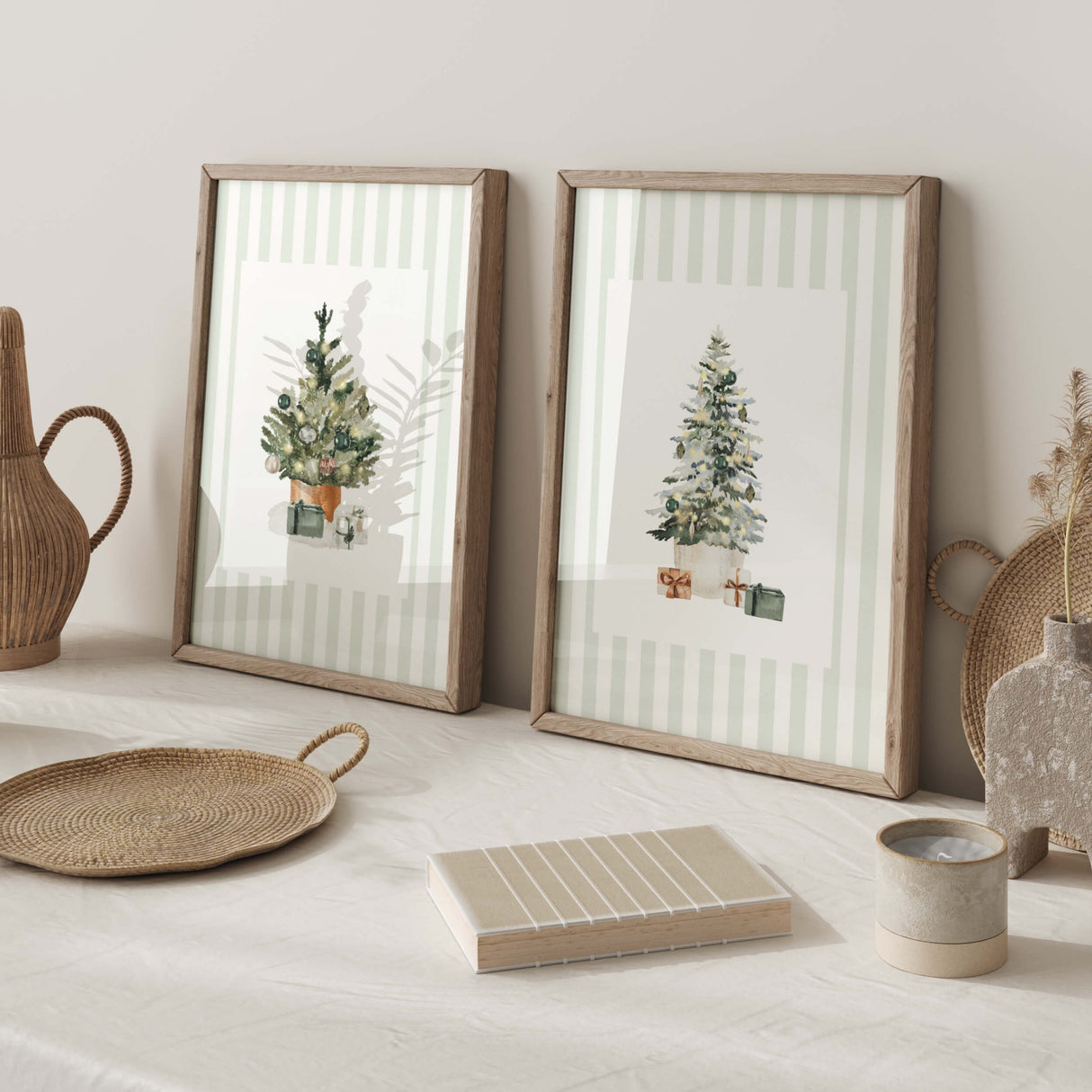 Watercolor floral and pine Christmas decor digital prints.
