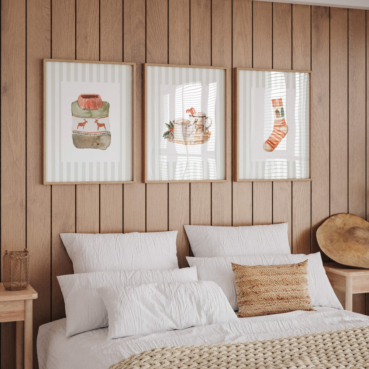 Cozy sage green watercolor Christmas wall decor digital download set.