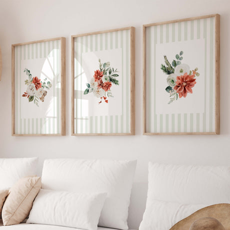 Sage green floral wall art printable set of 3 for cozy modern home decor.
