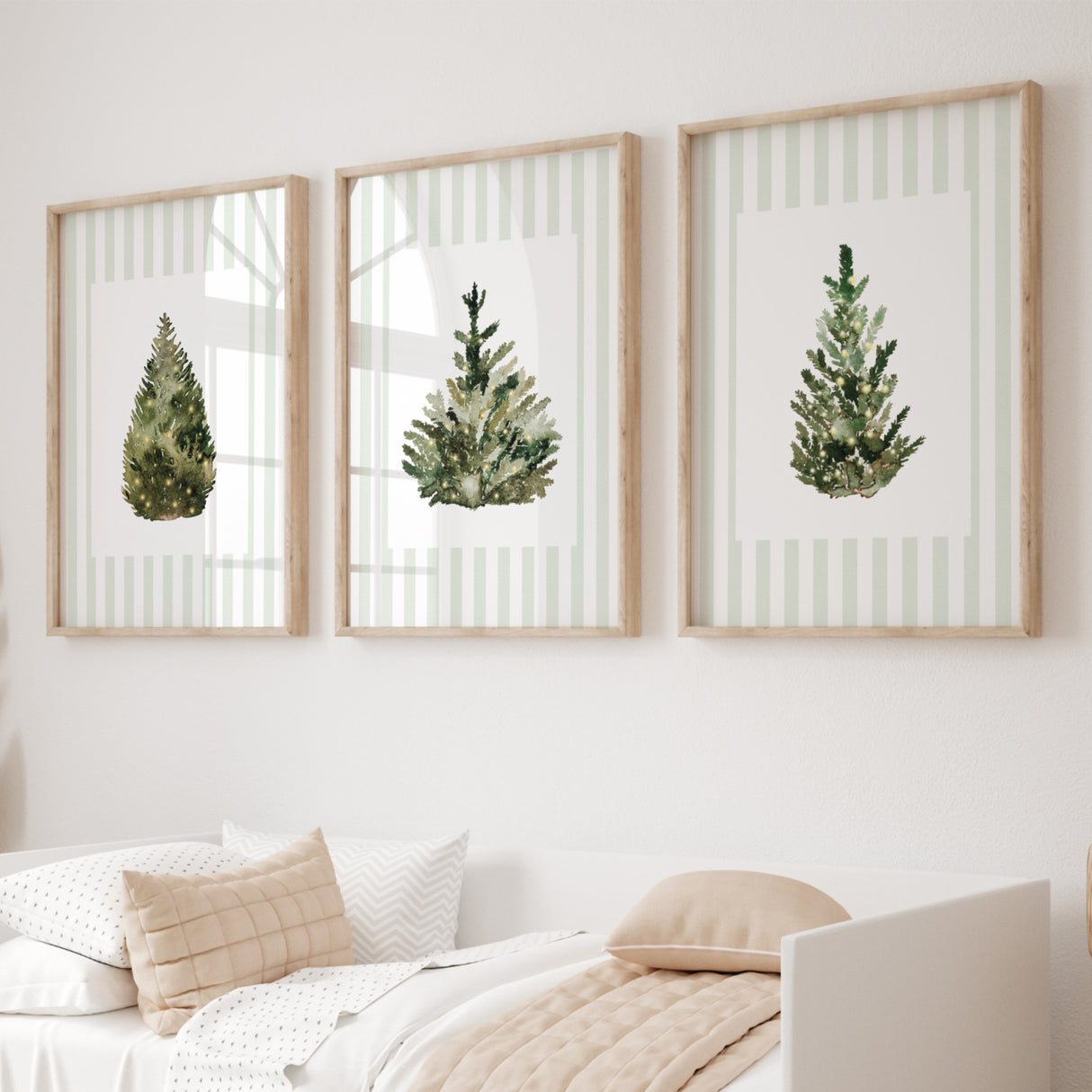 Sage green Christmas tree wall art printable set of 3 for cozy neutral home decor.