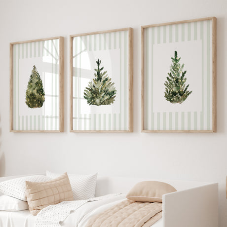 Sage green Christmas tree wall art printable set of 3 for cozy neutral home decor.