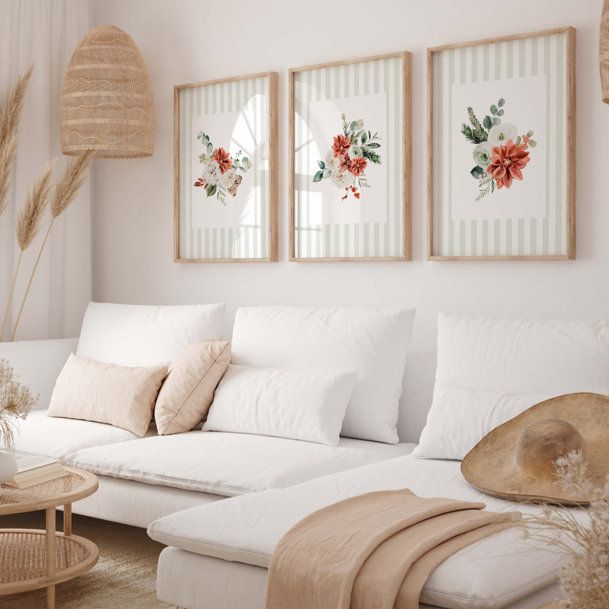 Scandinavian style Christmas floral printable wall art with pine tree illustrations.