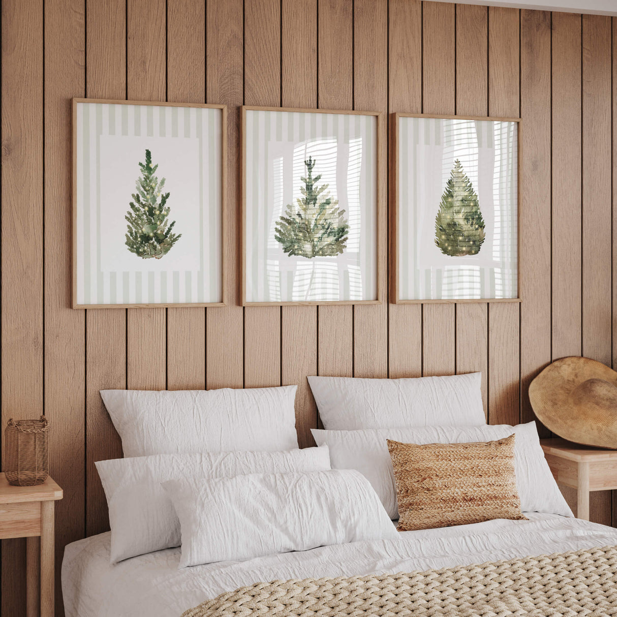 Scandinavian style Christmas printable wall art with pine tree illustrations.