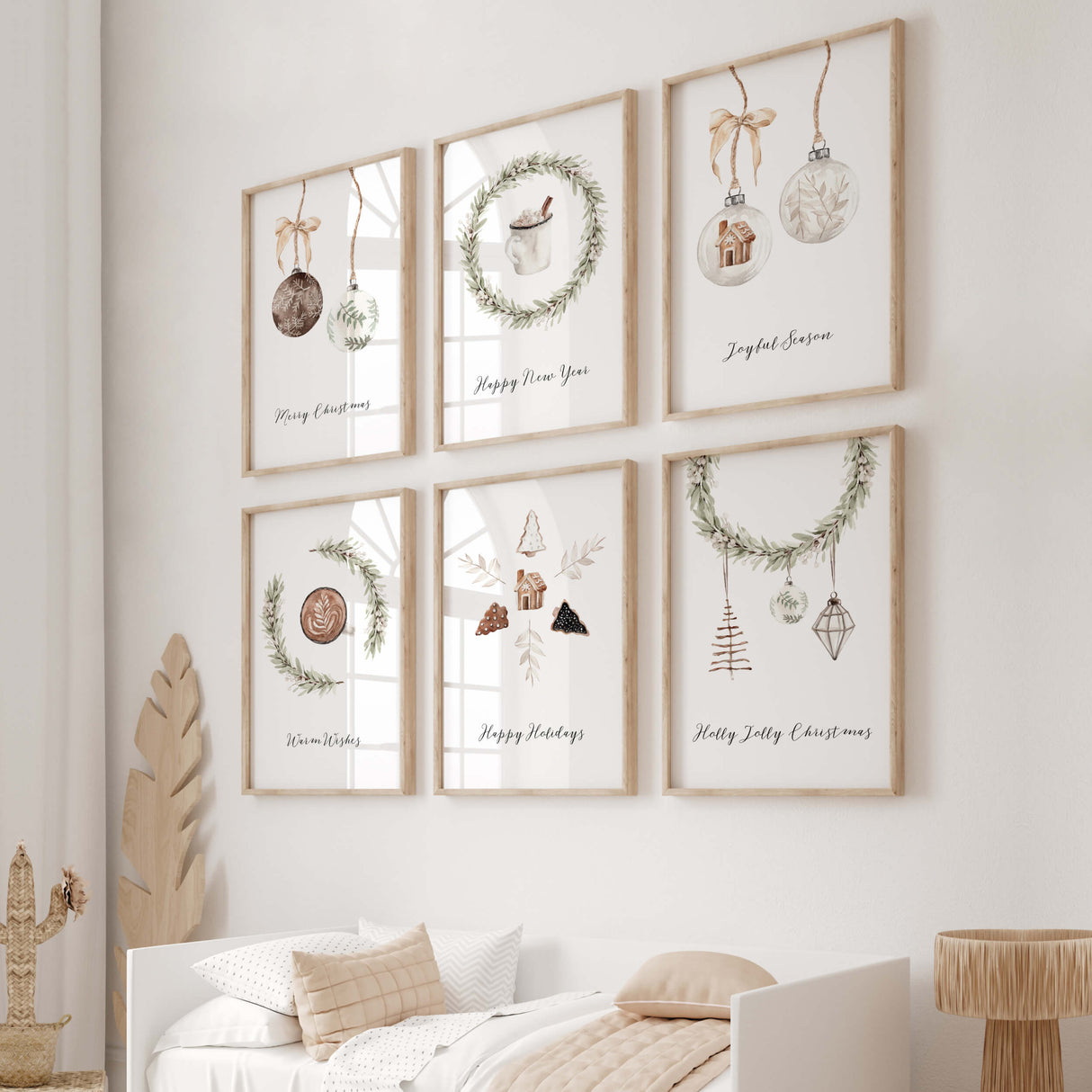 Set of 6 watercolor pine branch with christmas balls, christmas biscuit, christmas decor and quote print for christmas home decor, includes quote: Merry Christmas, Happy New Year, Joyful Season, Warm Wishes, Happy Holidays, Holly Jolly Christmas.