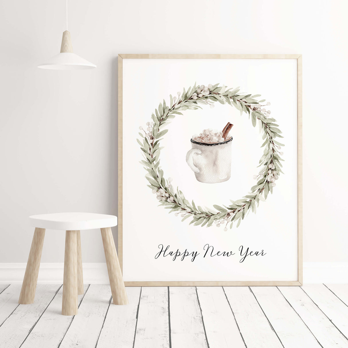 Watercolor pine wreath with Happy New Year quote print for christmas home decor.