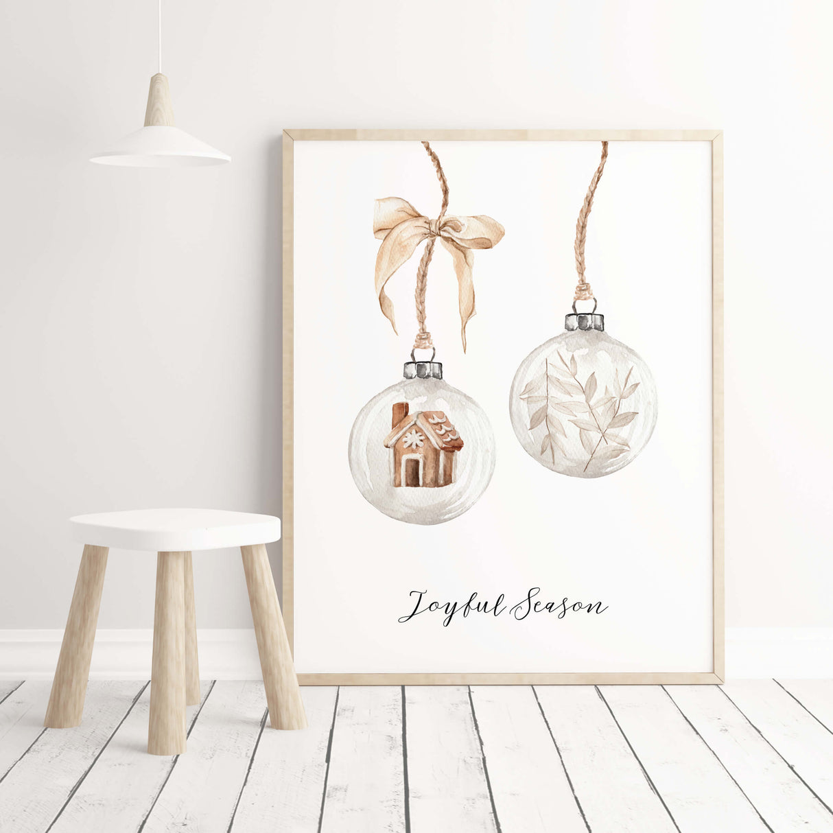 Watercolor christmas balls with Joyful Season quote poster for christmas home decor.