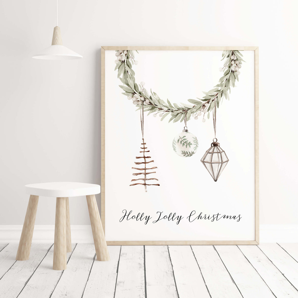 Watercolor christmas tree branch and christmas tree decor with Holly Jolly Christmas quote poster for christmas home decor.