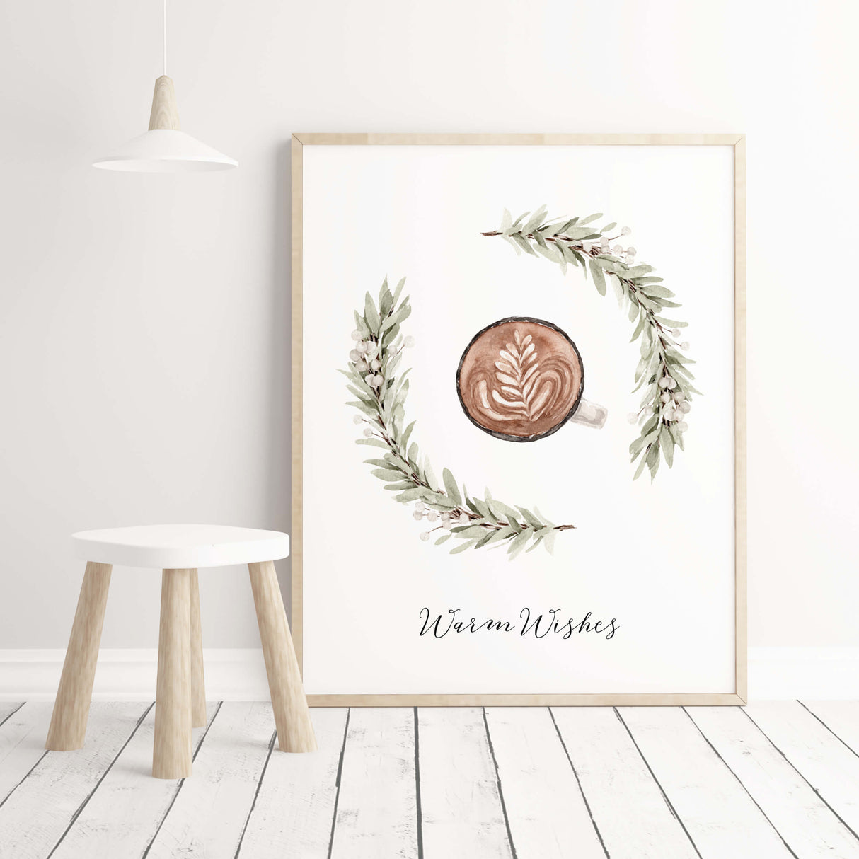 Watercolor christmas tree branch and cocoa with Warm Wishes quote poster for christmas home decor.