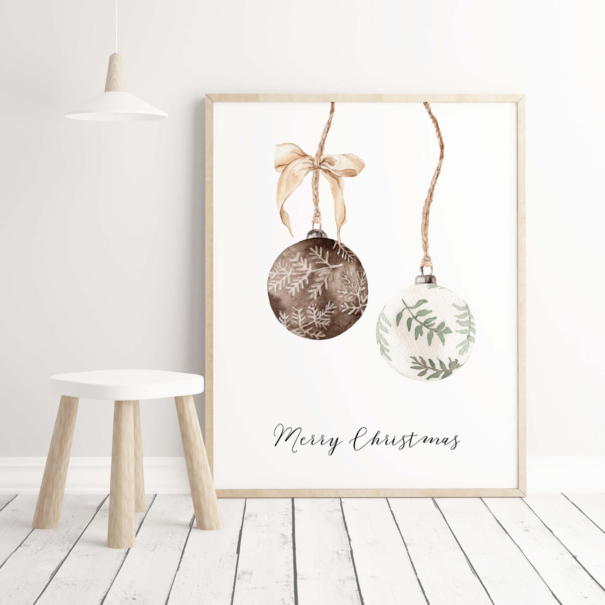 Watercolor christmas balls with Merry Christmas quote print for winter home decor.
