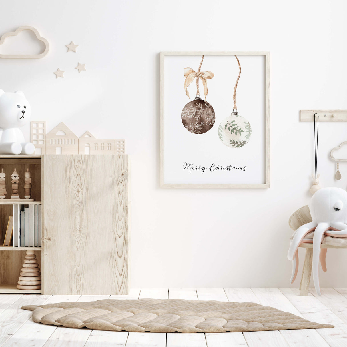 Watercolor christmas balls with Merry Christmas quote print for christmas home decor.