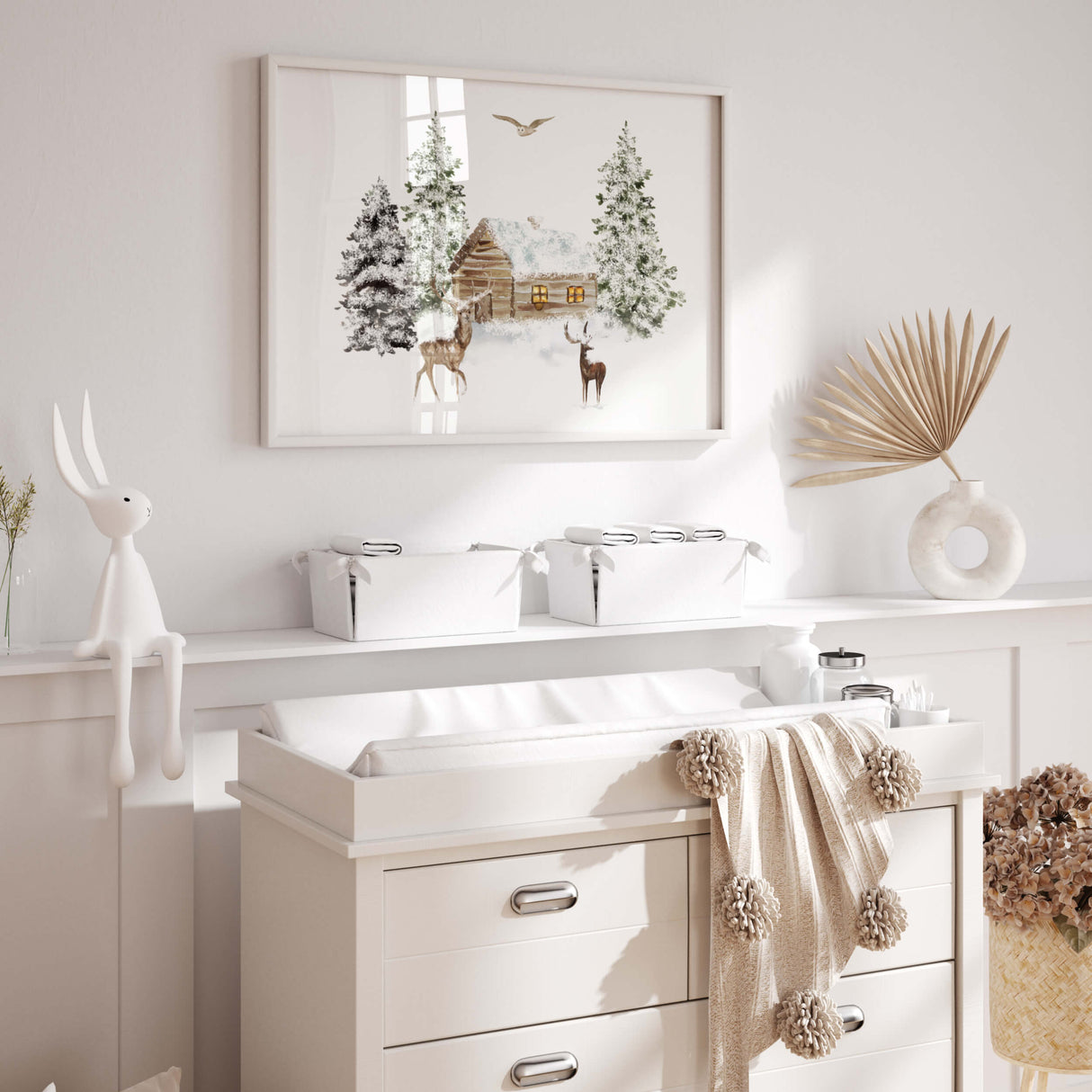 Watercolor winter landscape printable for christmas nursery wall art.