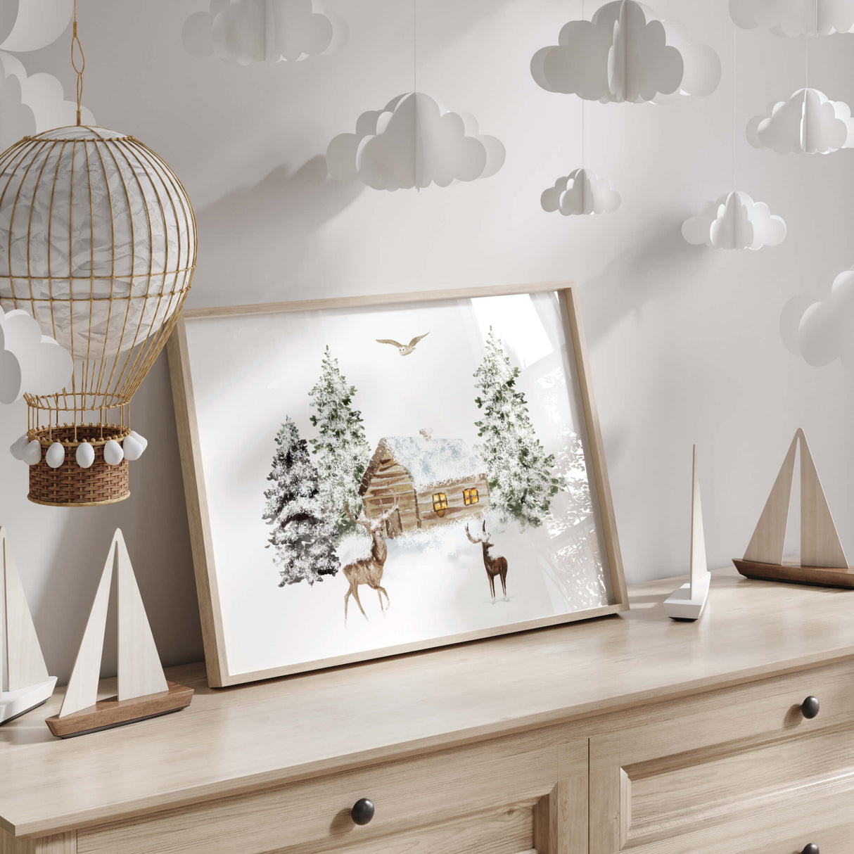 Watercolor christmas landscape print for winter nursery decor.