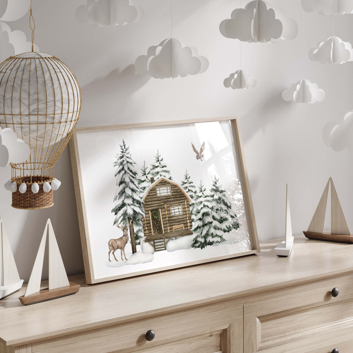 Watercolor christmas landscape print for winter wall decor.