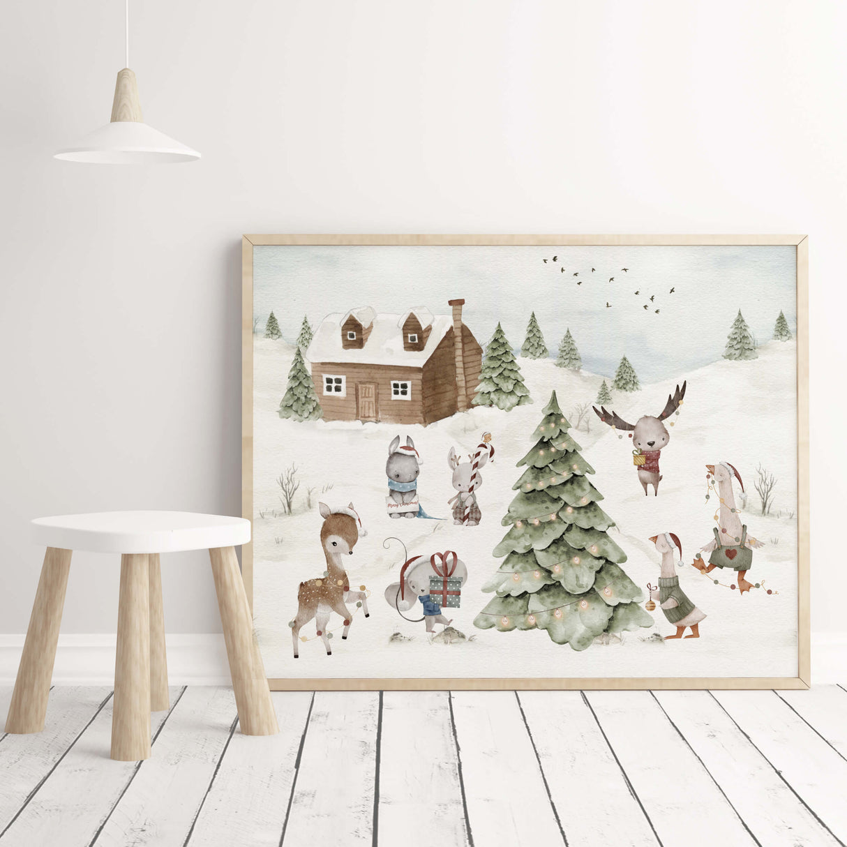 Watercolor winter landscape nursery poster with pine tree, woodland animal, houses, snowy landscape in earth colors for christmas neutral nursery wall decor.