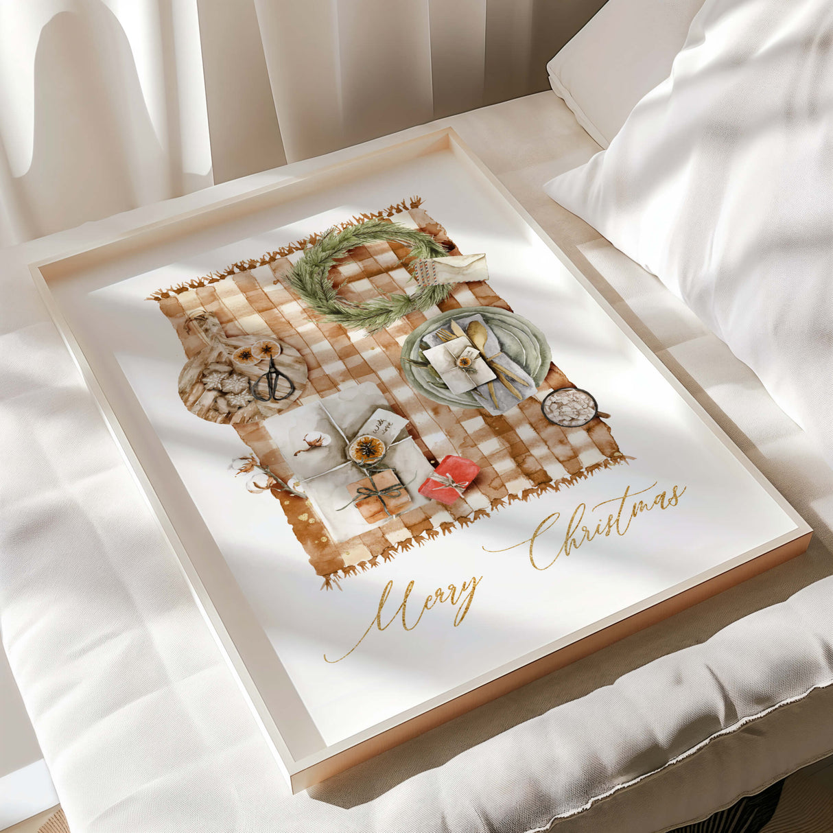 Merry Christmas wall art with festive table setting and greenery.