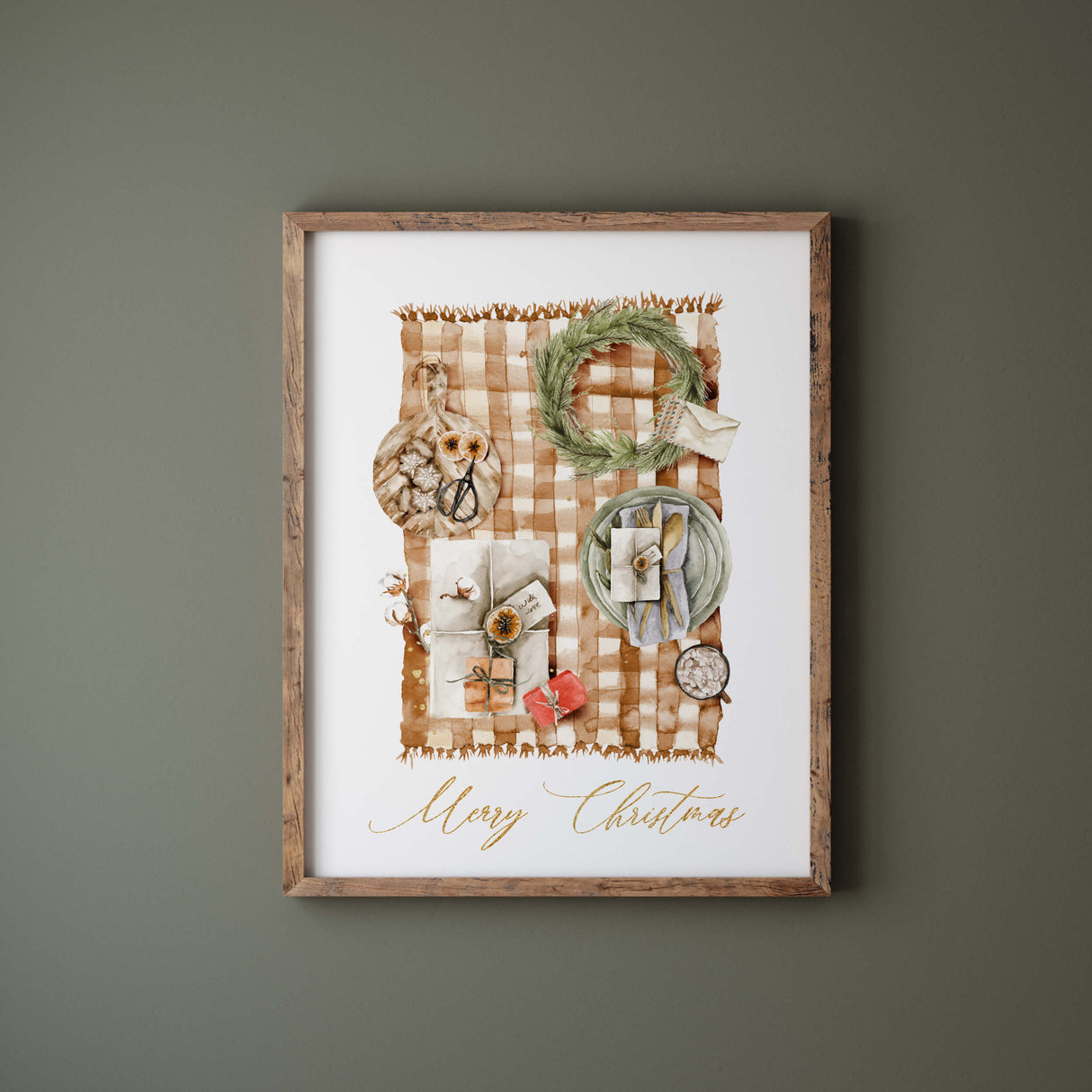 Warm neutral Christmas print cozy Scandinavian digital wall decor.