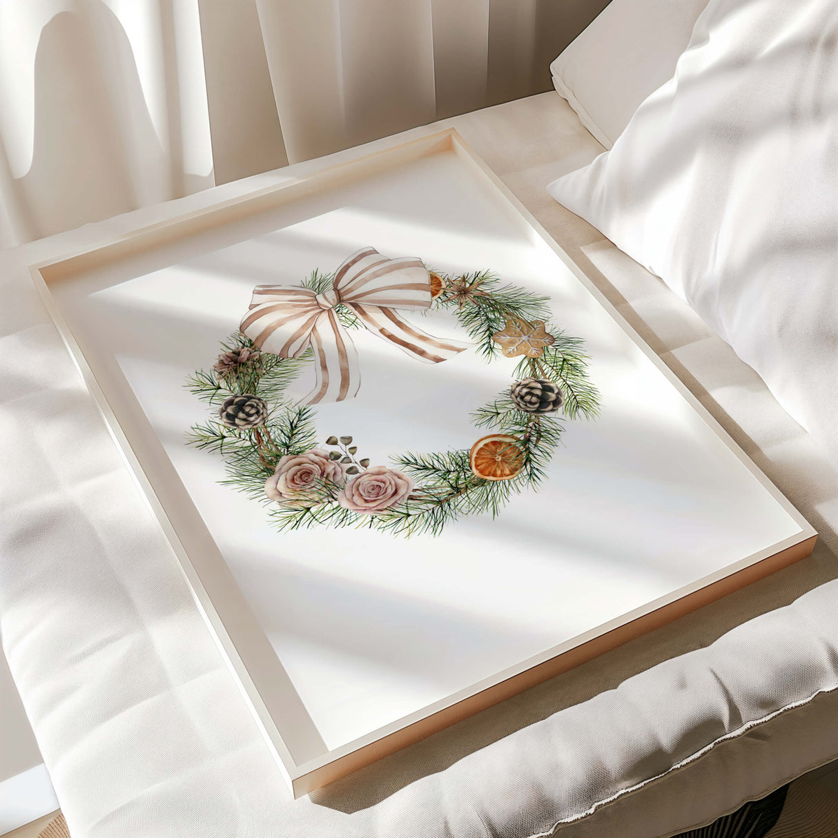 Minimalist Christmas wreath digital print with greenery and ribbon.