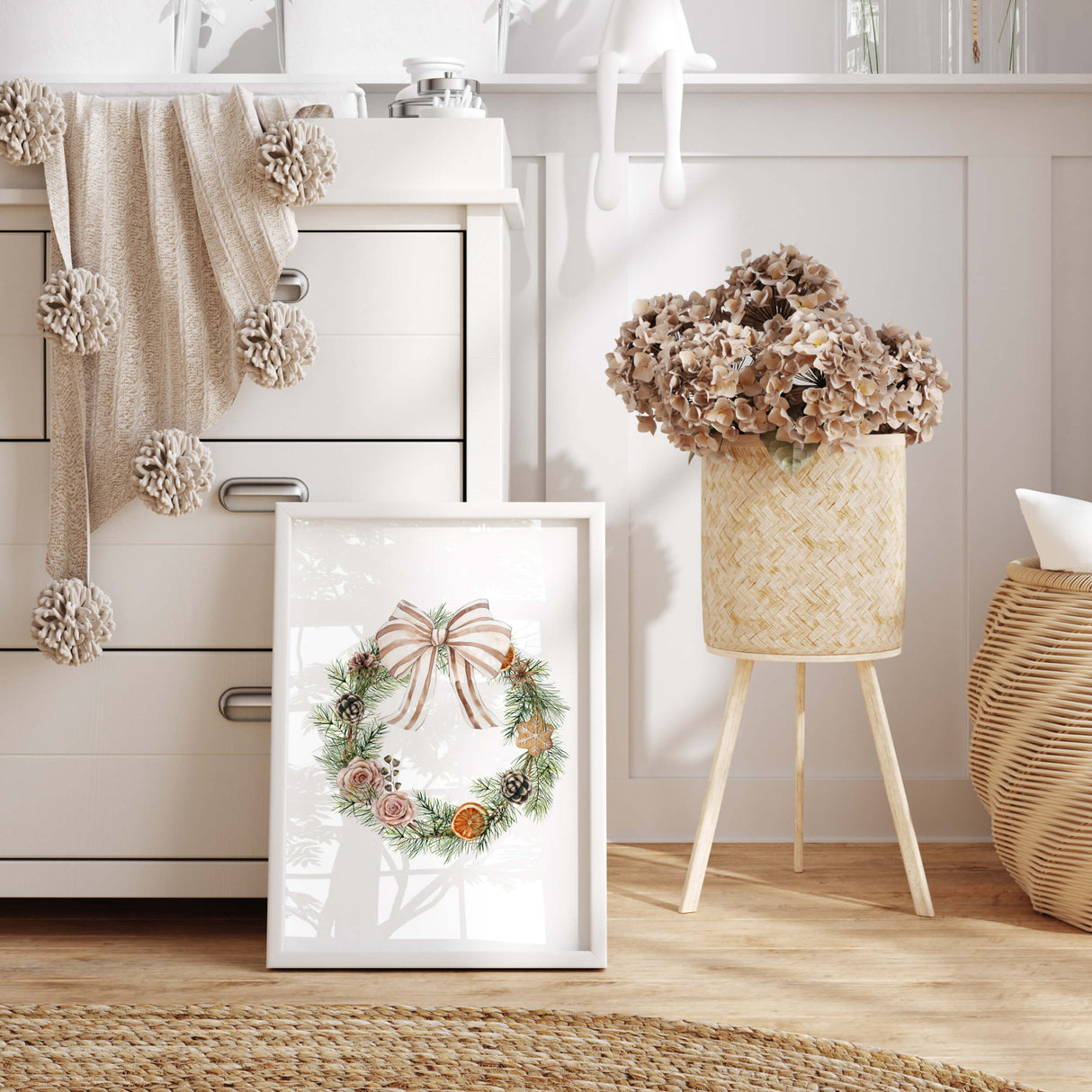 Neutral Christmas wreath printable wall decor for modern homes.