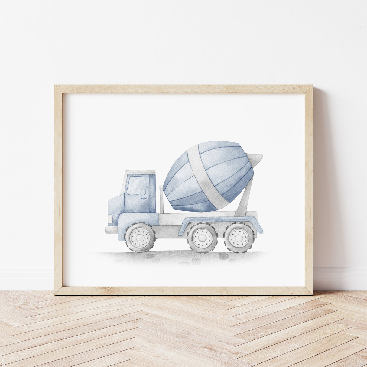 Watercolor cement mixer print for toddler, boys and neutral nursery decor.