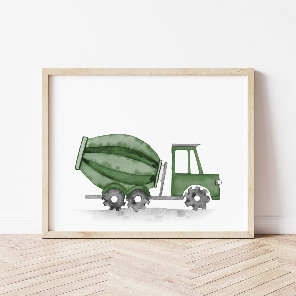 Watercolor construction vehicle print with cement mixer in hunter green colors for toddler room decor, baby boys room decor and kids room decor.