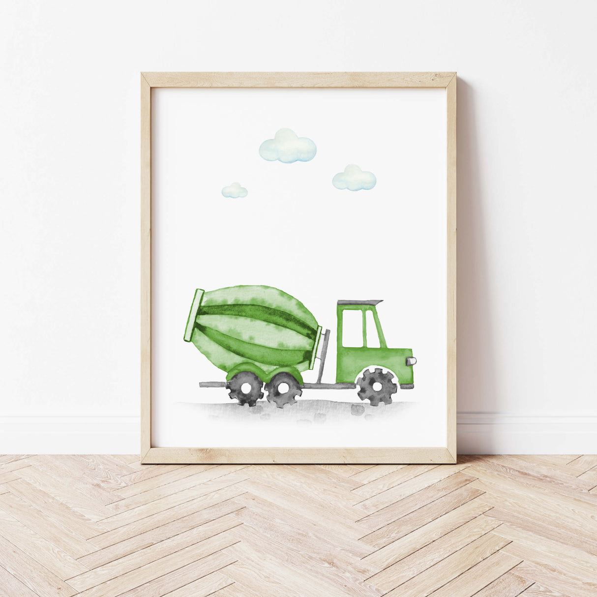 Watercolor colorful construction vehicle print with cement mixer for toddler room decor, baby boys room decor, nursery room decor.