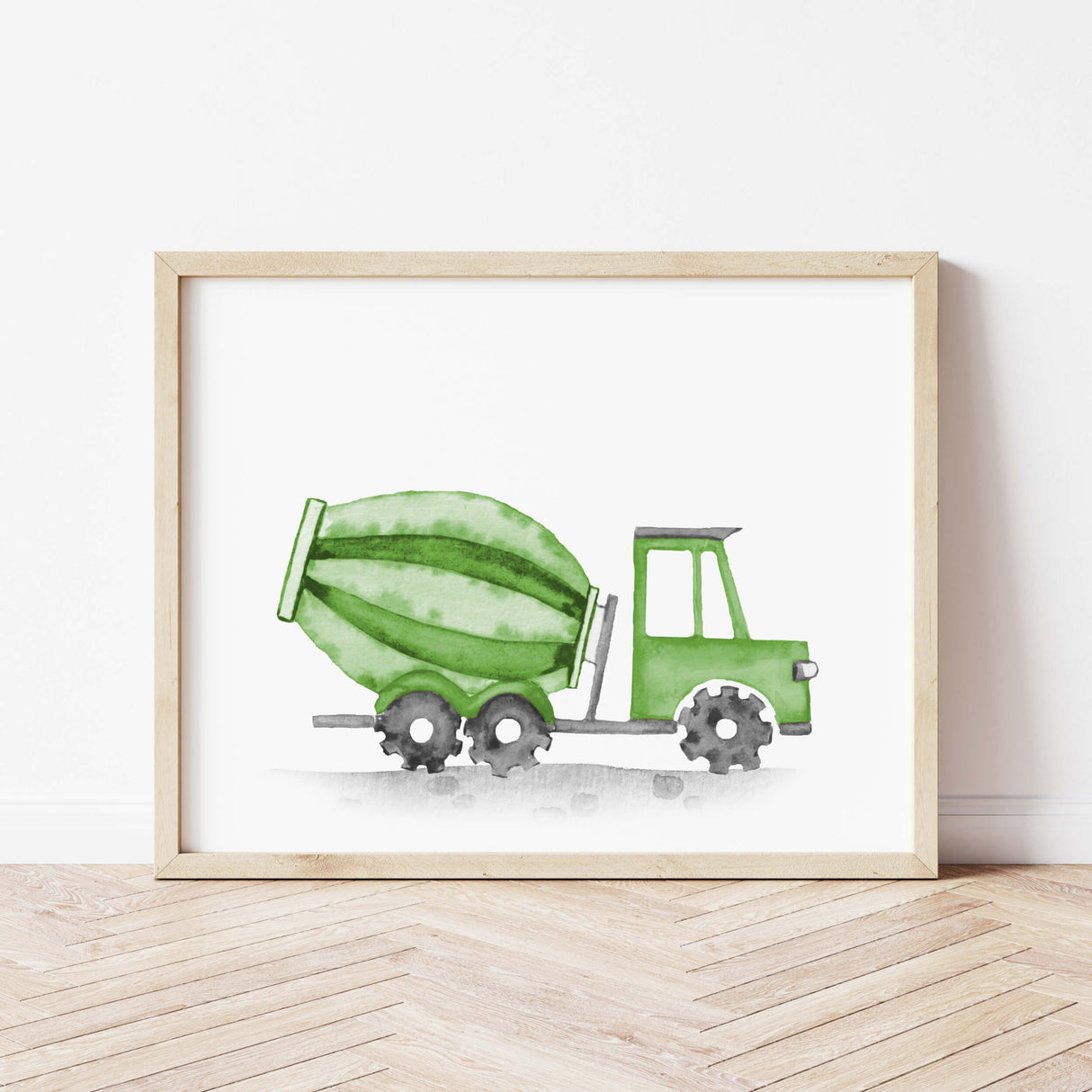 Watercolor colorful construction vehicle print with cement mixer for toddler room decor, baby boys room decor, nursery room decor.