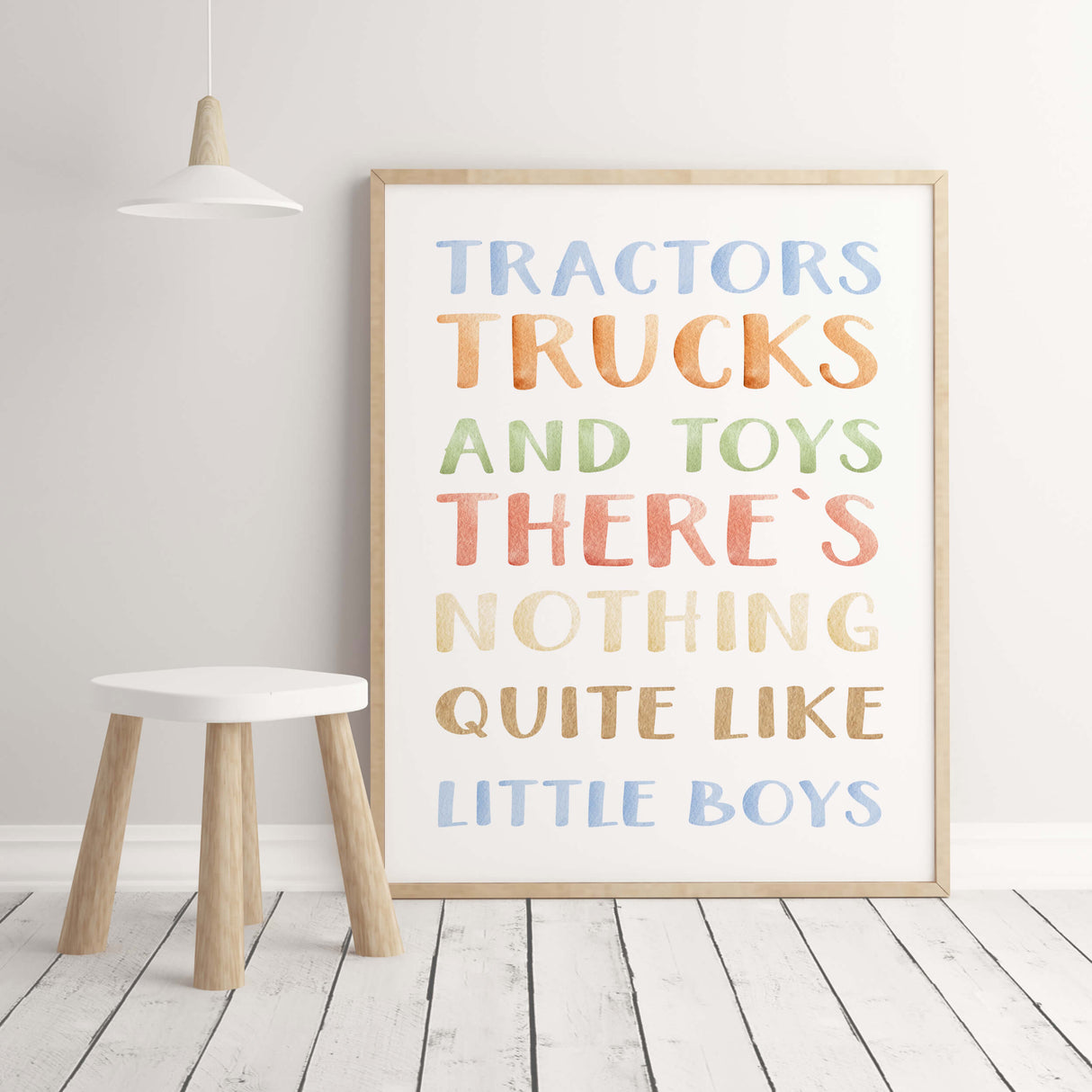 Watercolor construction vehicle print with quote for toddler and baby boys room decor.