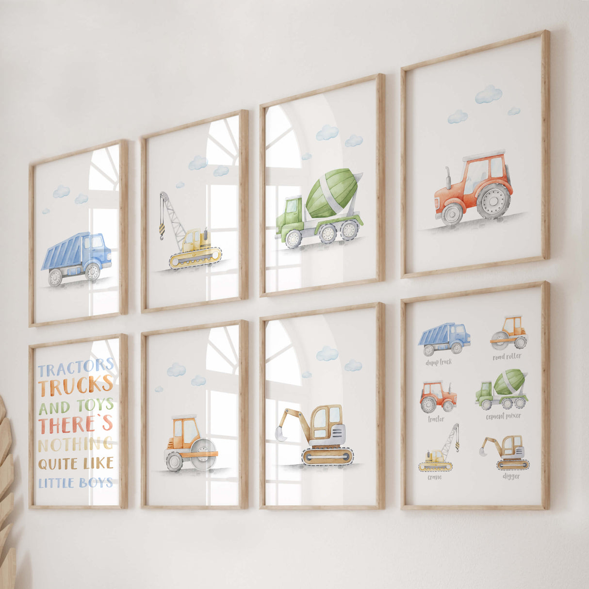 Watercolor construction vehicle print for toddler and baby boys room decor.