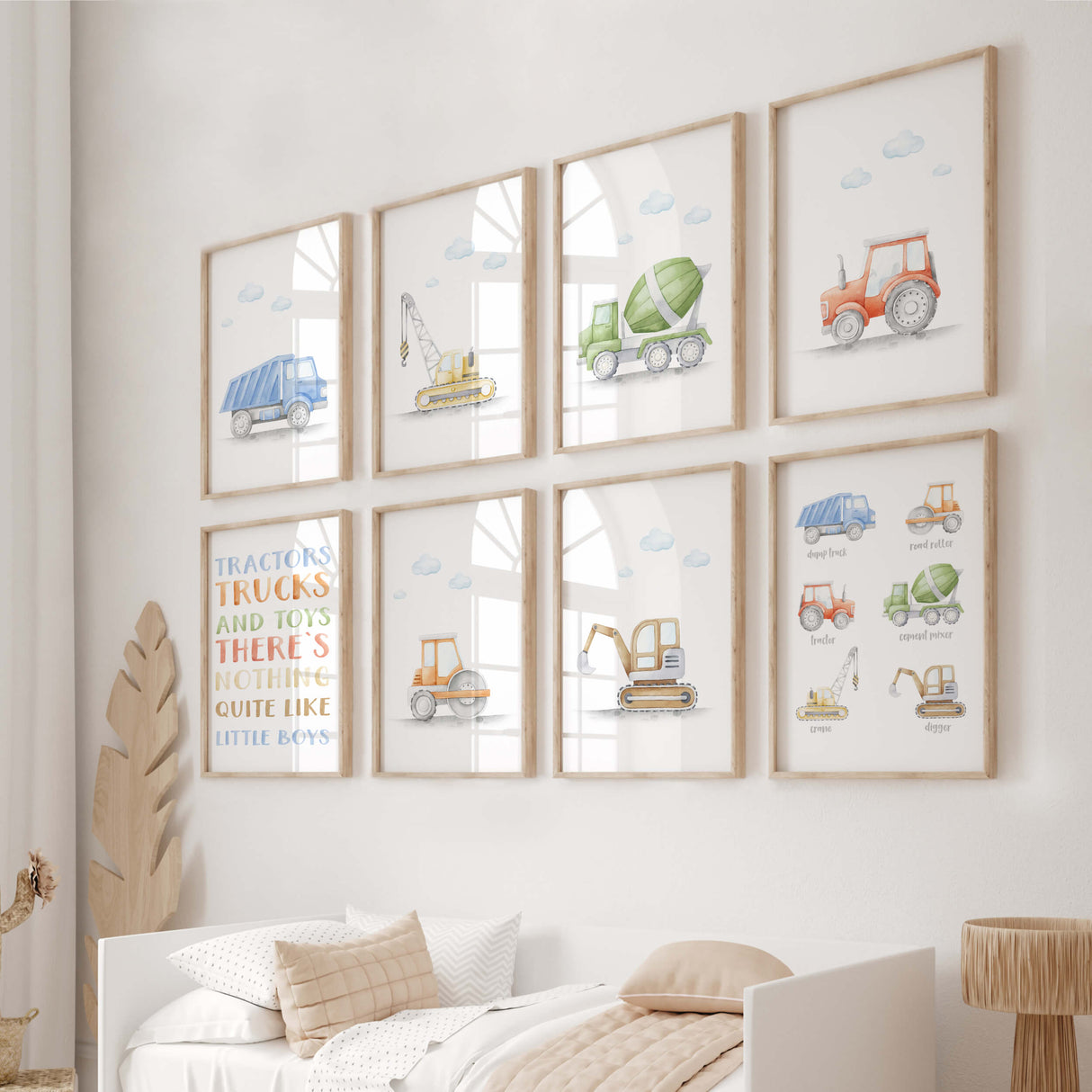 Watercolor construction vehicle printable for toddler and baby boys room decor.