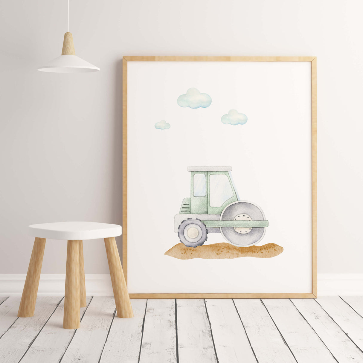 Watercolor construction vehicle print with road roller for toddler and baby boys room decor.