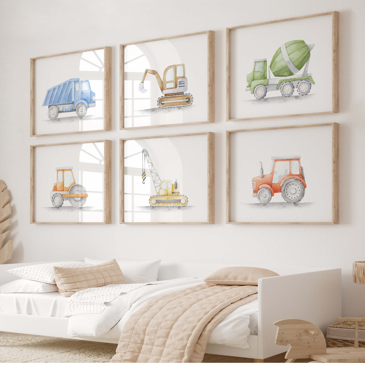 Watercolor colorful construction vehicle print for toddler and baby boys room decor.
