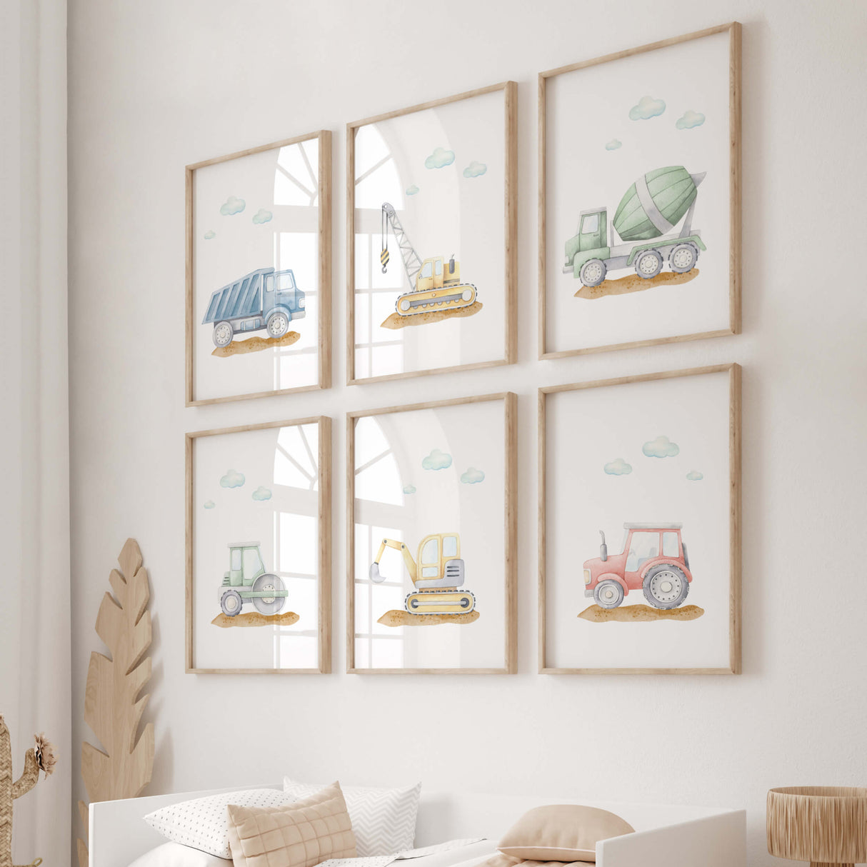 Watercolor construction vehicle print with crane, dump truck, cement mixer, road roller, digger and tractor for toddler and baby boys room decor.