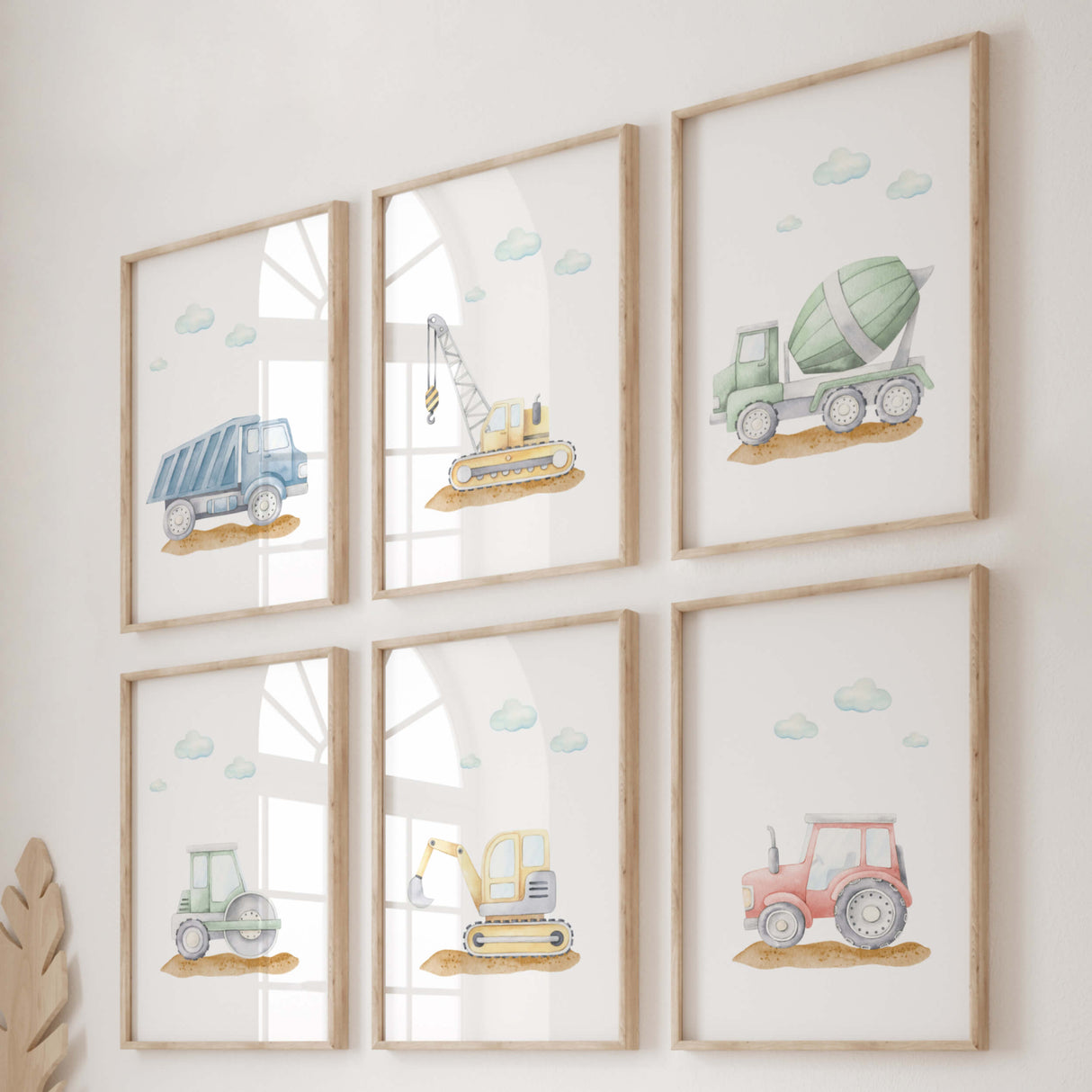 Watercolor construction vehicle print with crane, dump truck, cement mixer, road roller, digger and tractor for toddler and baby boys room decor.