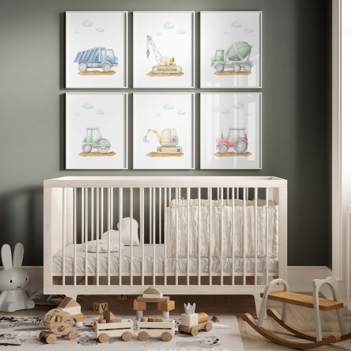 Watercolor construction vehicle print with crane, dump truck, cement mixer, road roller, digger and tractor for toddler and baby boys room decor, sage green nursery decor.