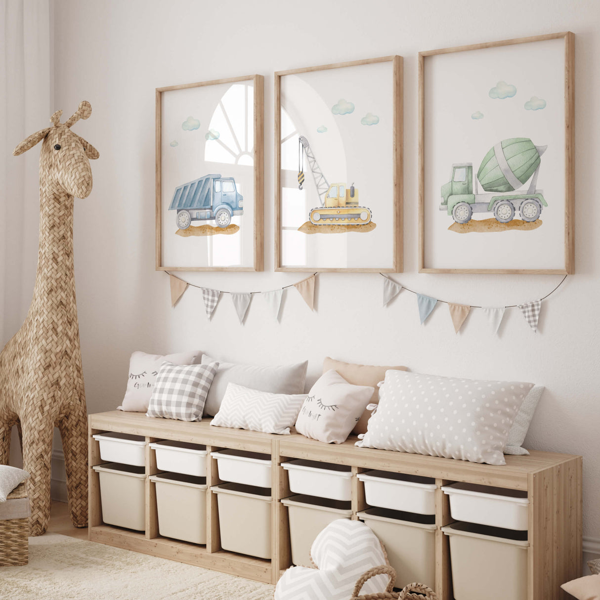 Watercolor construction vehicle print with crane, dump truck, cement mixer for toddler and baby boys room decor.