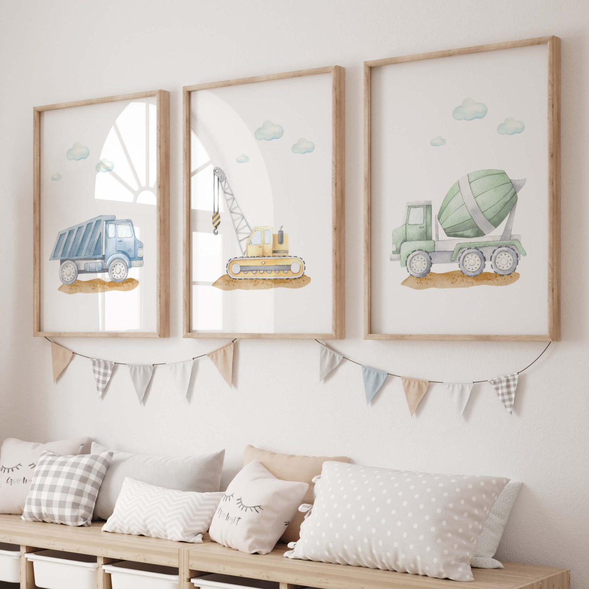 Watercolor construction vehicle print with crane, dump truck, cement mixer for toddler and baby boys room decor.