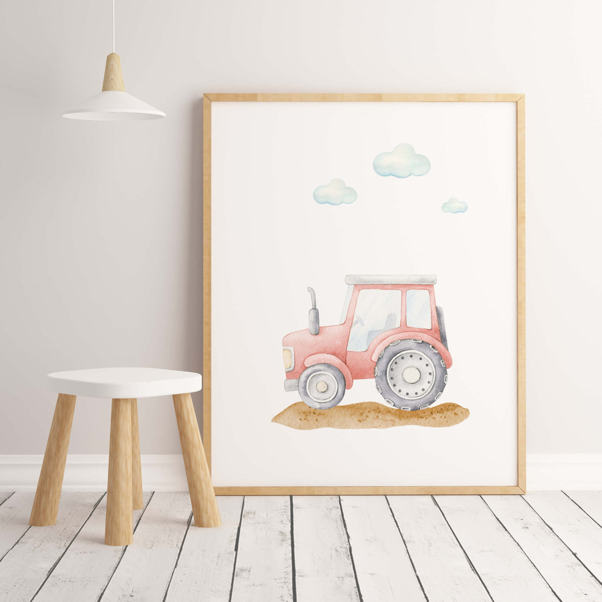 Watercolor construction vehicle print with tractor for toddler and baby boys room decor.