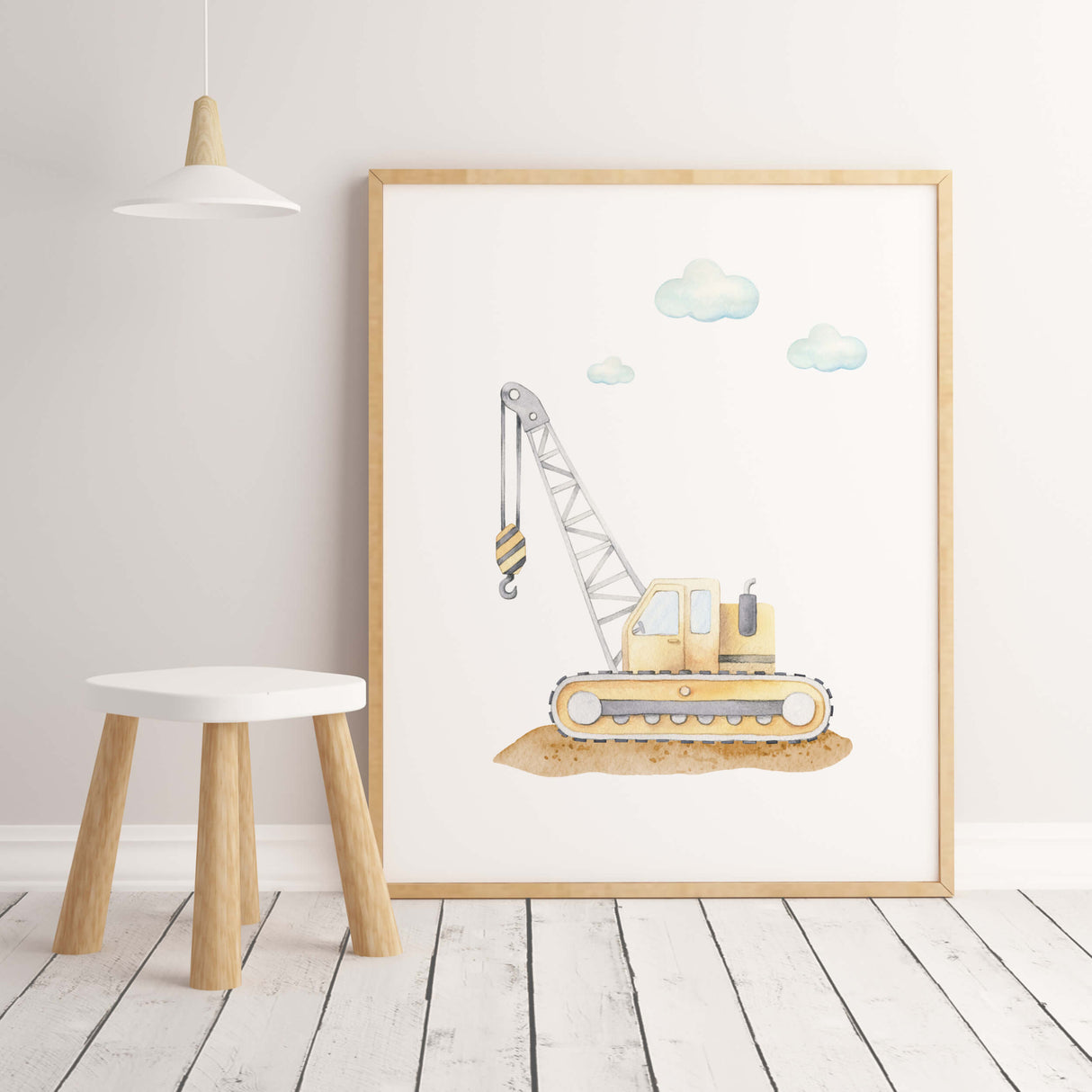 Watercolor construction vehicle print with crane for toddler and baby boys room decor.