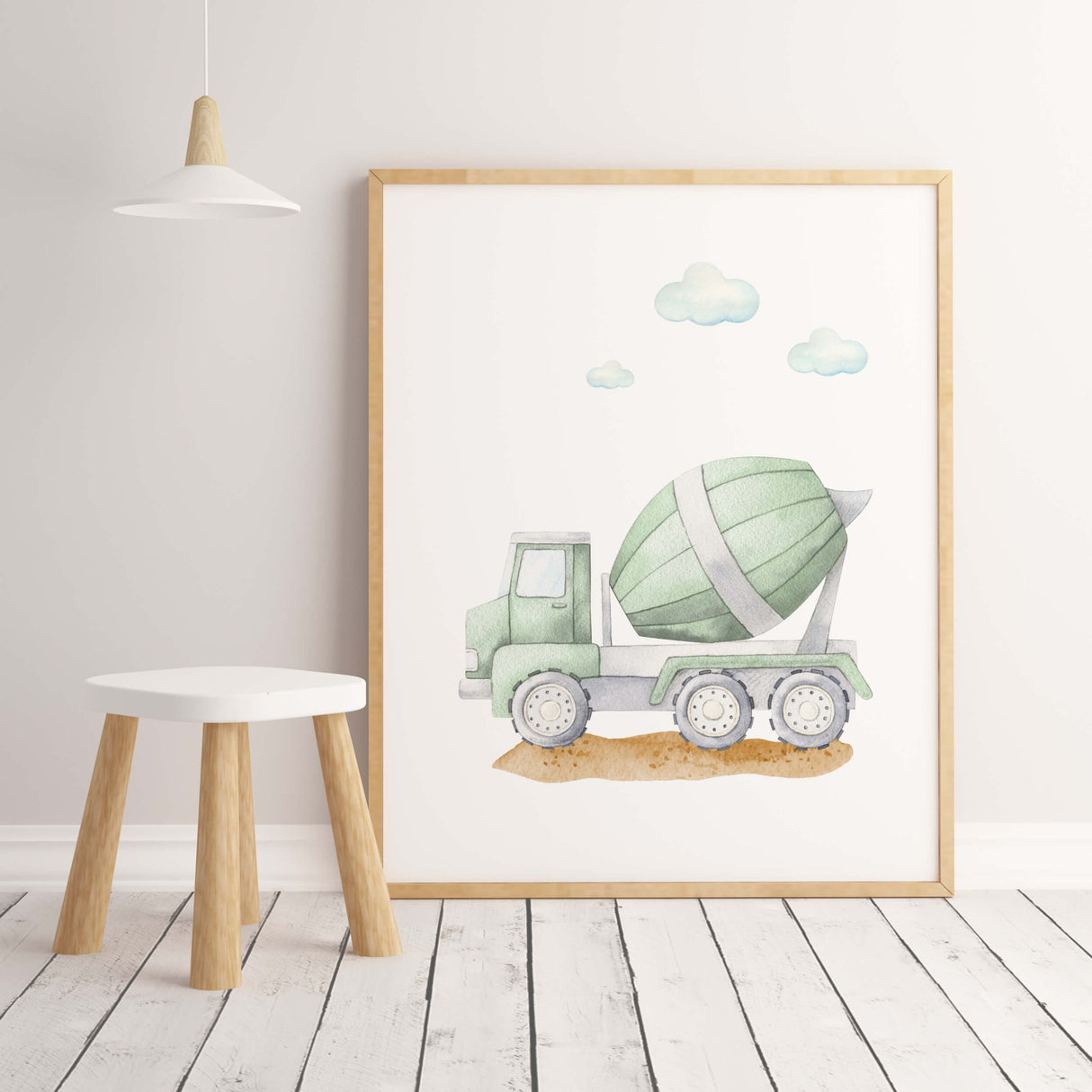 Watercolor construction vehicle print with cement mixer for toddler and baby boys room decor.
