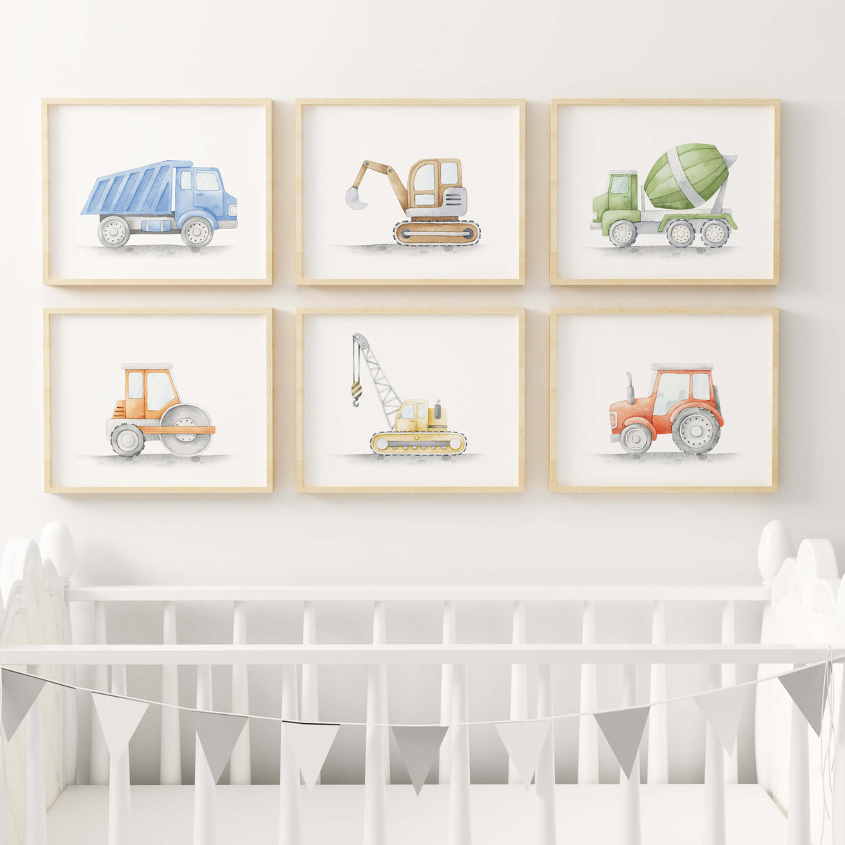 Watercolor colorful construction vehicle printable for toddler and baby boys room decor.