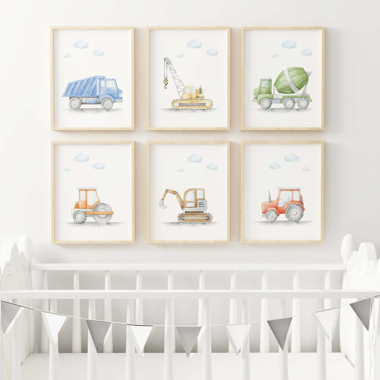 Watercolor construction vehicle poster for toddler and baby boys room decor.