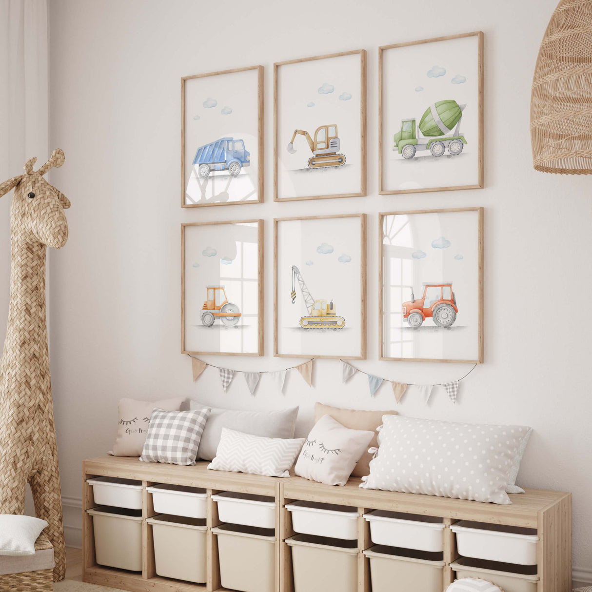 Watercolor construction vehicle printable for toddler and baby boys room decor.