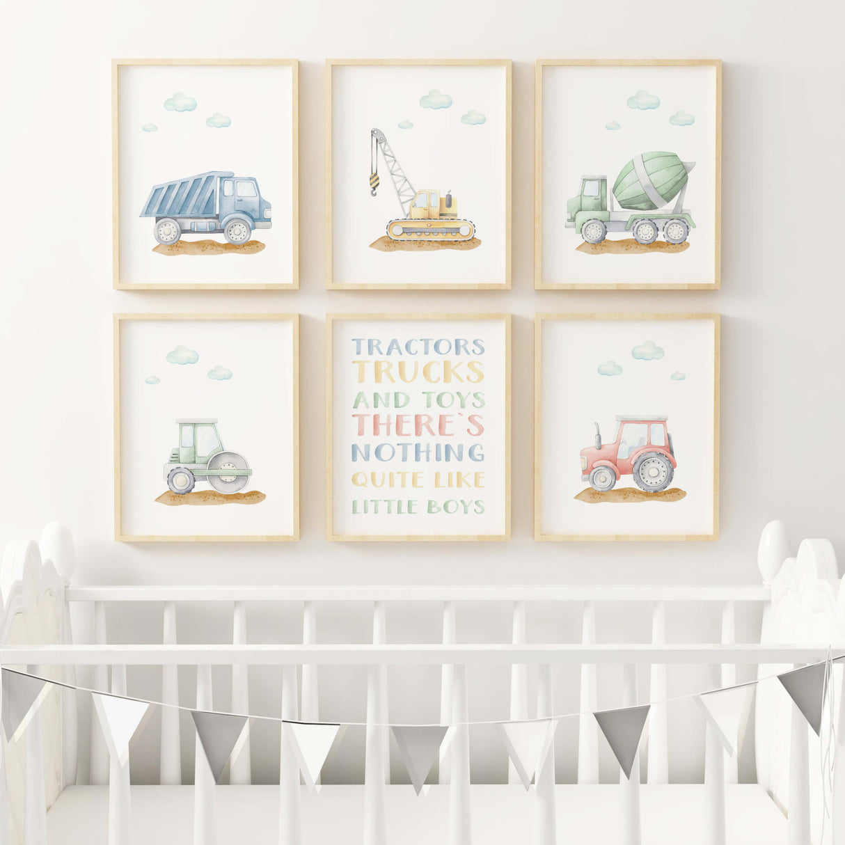 Watercolor construction vehicle print with crane, dump truck, cement mixer, road roller, digger and tractor, quote for toddler and baby boys room decor.