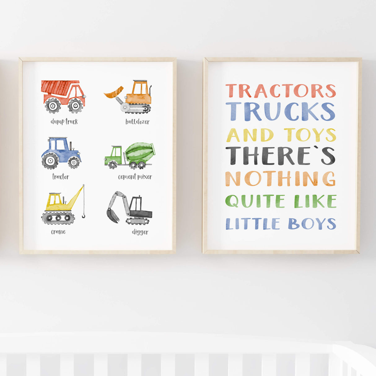 Watercolor colorful construction vehicle poster with quote print for toddler room decor, baby boys room decor, nursery room decor.