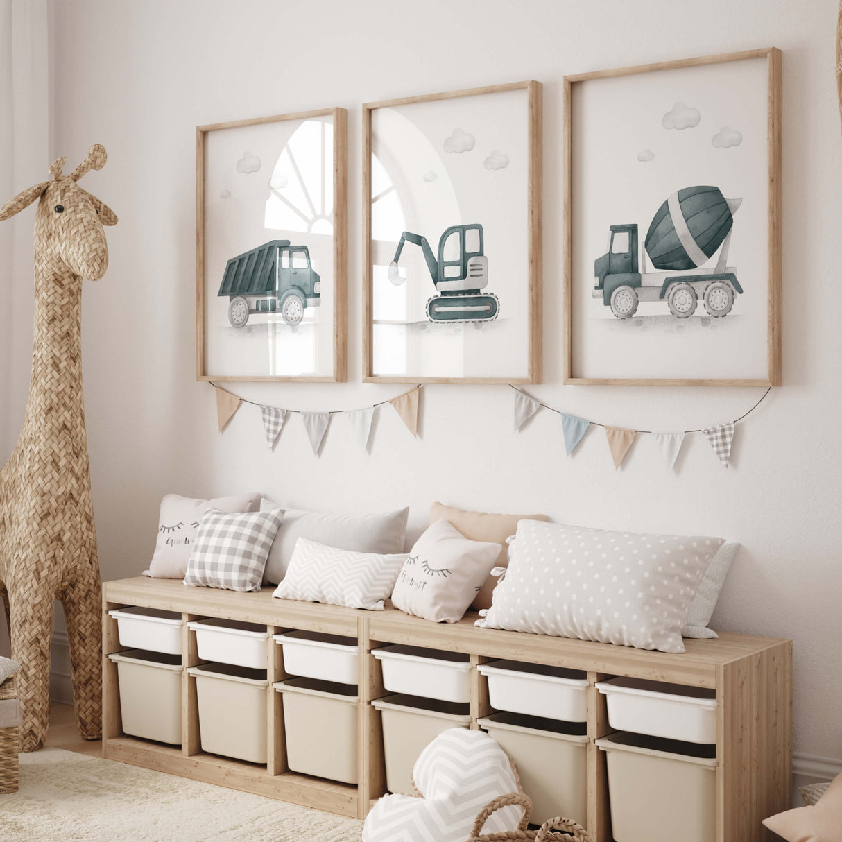 Watercolor construction vehicle printable with dump truck, digger, cement mixer in Sherwin Williams Riverway SW-6222 color for baby boys room decor, toddler room decor.